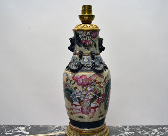 Lot 207_2: 19th cent  Family Rose Nankin ceramic vase / lamp with Chinese worriors decor on gilt bronze base  H29cm. Tot.H52cm