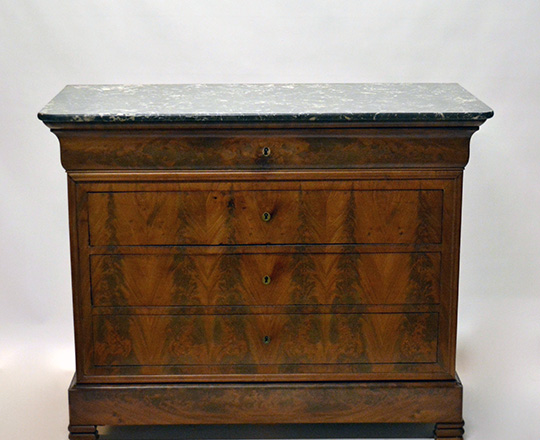 Lot 216: 19th cent blond walnut marble top Louis Ph. Commode. Top drawer tilts opens to reveal desk. H99xW124xD58cm.