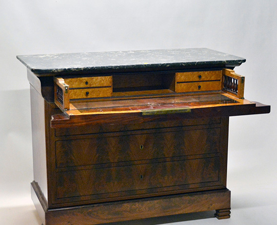 Lot 216_1: 19th cent blond walnut marble top Louis Ph. Commode. Top drawer tilts opens to reveal desk. H99xW124xD58cm.