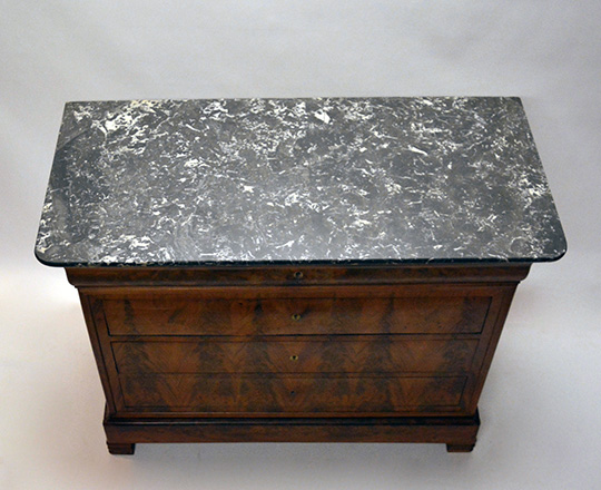 Lot 216_2: 19th cent blond walnut marble top Louis Ph. Commode. Top drawer tilts opens to reveal desk. H99xW124xD58cm.