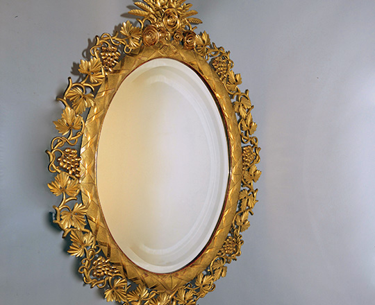 Lot 226: Stunning, large 19th cent gold leaf mirror ornated with rasin and leaves. H138 x W96cm.