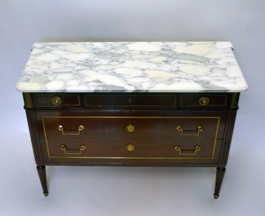 Lot 230_1: Louis XVI style 2+3 drawer marble top mahogany commode with various gilt bronze ornaments. H88xW124xD53cm.