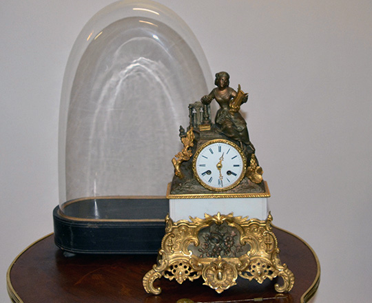 Lot 266_2: 19th c gilt bronze and spelter mantle clock with statue of lady with harp. H38 x W26cm.