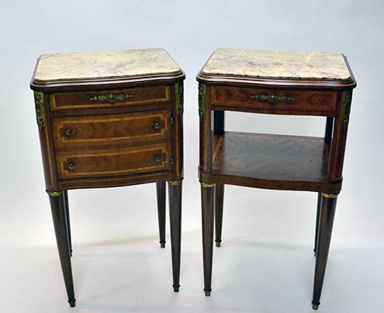 Lot 273: Pair of Louis XVl style three drawer and single drawer marble top side tables. H84xW47xD40cm.