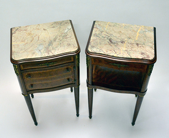 Lot 273_1: Pair of Louis XVl style three drawer and single drawer marble top side tables. H84xW47xD40cm.