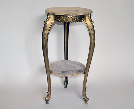 Lot 282: Gilt painted metal two tier selette table with alabaster tops. H 78 x dia,38cm.