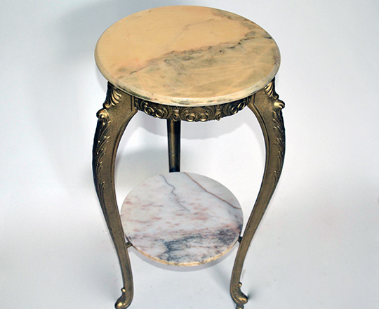 Lot 282_1: Gilt painted metal two tier selette table with alabaster tops. H 78 x dia,38cm.
