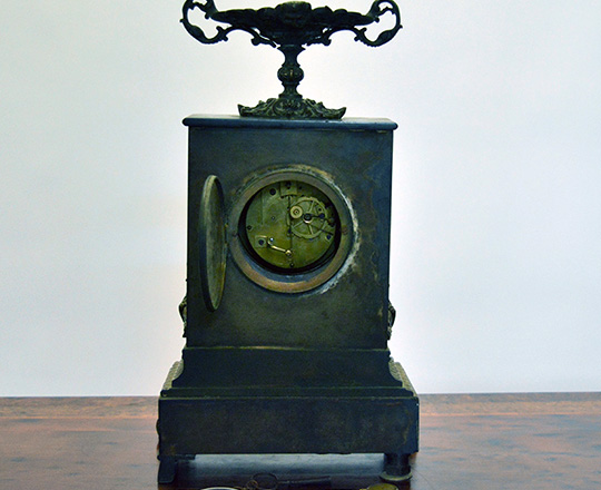 Lot 287_1: Early 19th c Restauration period black marble mantel clock with gilt bronze ornaments. H33x W22cm.