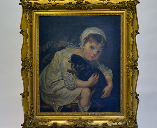 Lot 290: 19th cent Oil on canvas of girl with puppy. H87 x W77cm with frame (acc.)