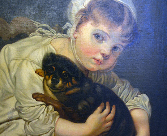 Lot 290_1: 19th cent Oil on canvas of girl with puppy. H87 x W77cm with frame (acc.)