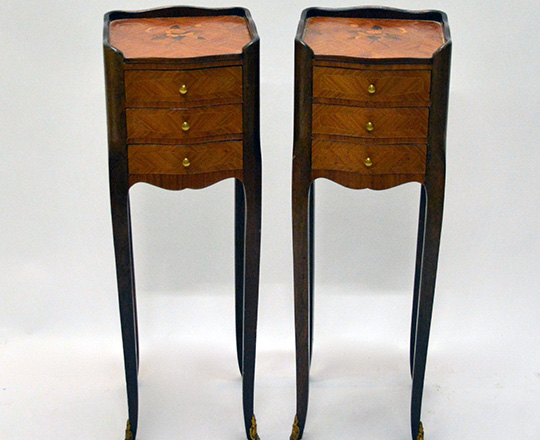 Lot 375: Pair small Louis XV style three drawer marquetry side tables
