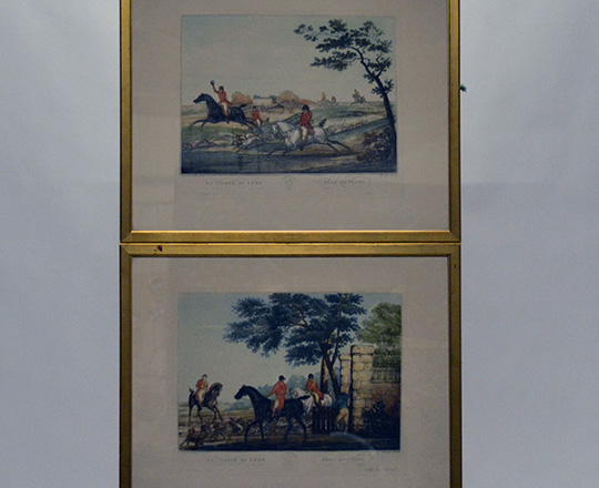 Lot 383: Pair of gilt framed hunting scenes engravings by Carl Vernet. H53xW65cm.