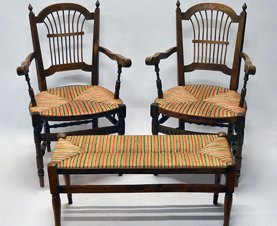 Lot 385: Pair early cent straw seat country armchairs with a similar covered bench.