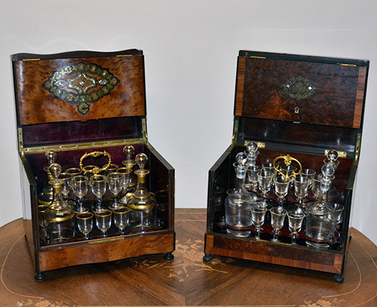 Lot 395_3: Beautiful 19th c Nap.lll liquor cabinet with fine marquetry and extactable glass service set, one glass missing.