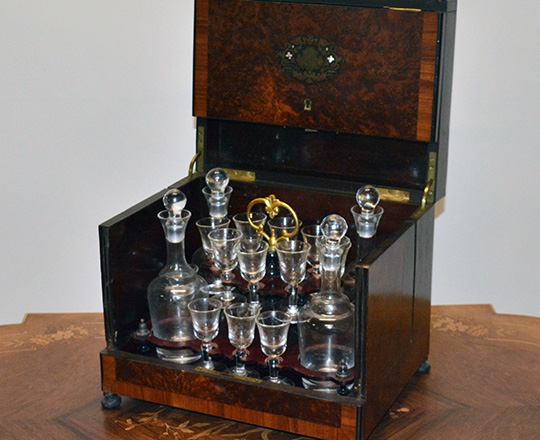 Lot 396: Beautiful 19th c Nap.lll liquor cabinet with fine marquetry and extactable glass service set, some glass repaired.