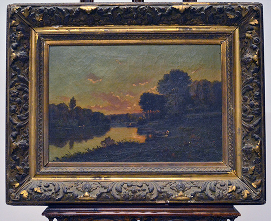 Lot 398: Oil on canvas with river in country landscape at dusk in a gilt gesso frame. Tot. H63 x W81cm.