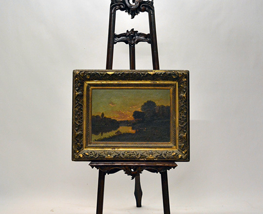 Lot 398_1: Oil on canvas with river in country landscape at dusk in a gilt gesso frame. Tot. H63 x W81cm.