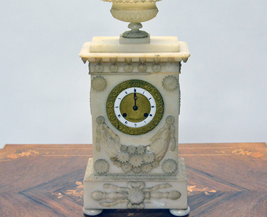 Lot 402: 19th c. finely carved late Empire alabaster mantel clock. H43cm. (+ pr marbe elec. Candelsticks).