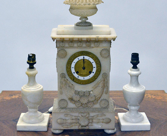 Lot 402_1: 19th c. finely carved late Empire alabaster mantel clock. H43cm. (+ pr marbe elec. Candelsticks).