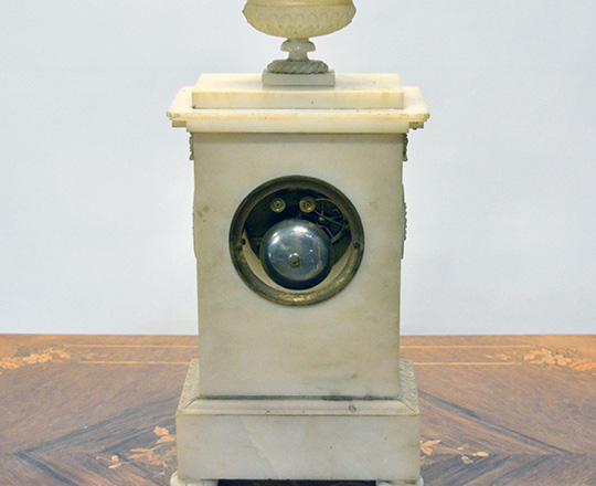 Lot 402_2: 19th c. finely carved late Empire alabaster mantel clock. H43cm. (+ pr marbe elec. Candelsticks).