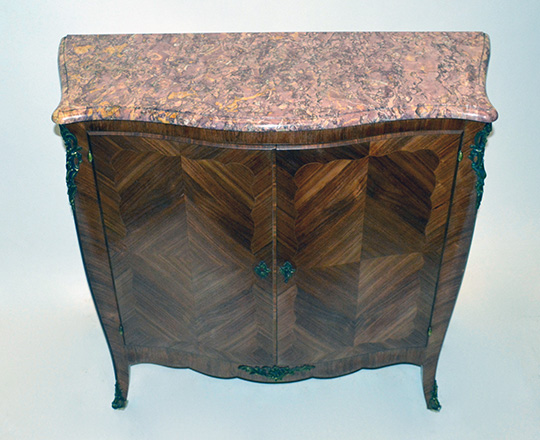 Lot 407_1: Turn cent . Louis XV two door, marble top marquetry buffet. H100xW104xD39cm.