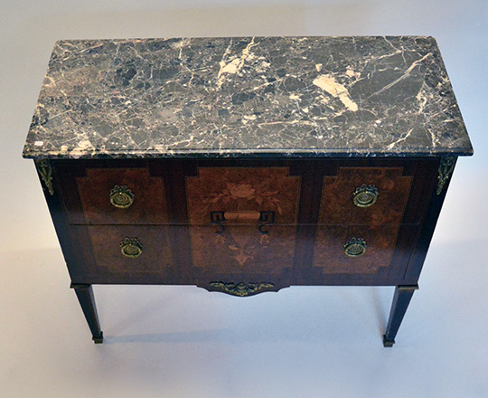 Lot 408_2: Early cent Louis XVI two drawer, marble top fine marquetry commore.H85xW97xD42cm.