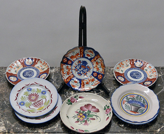 Lot 417: Various 19 and 20 cent plates including three Japanese Imari and five Eastern France with floral decor.