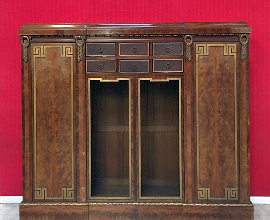 Lot 429: 19th cent fine quality Louis XVI, 4 door mahogany library case of which 2 middle mesh-wire doors and 6 draw. H172x200x41cm