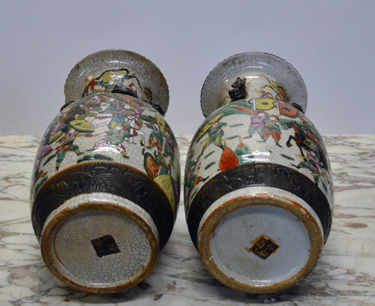 Lot 433_2: Pair 19th cent Chinese ceramic Nankin baluster vases with worrior scenes. H 36cm.