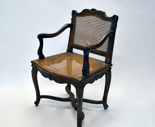Lot 435_3: Pair 18th ? 19th cent caned Louis XV / Regence walnut armchairs with stretcher base.