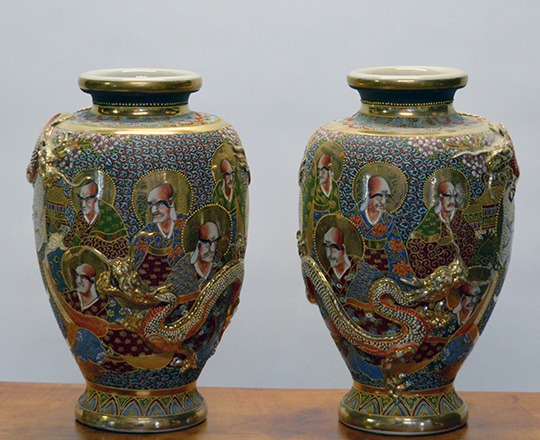 Lot 438: Pair large Satsuma vases with portraits and dragon circling vases. H 45cm.