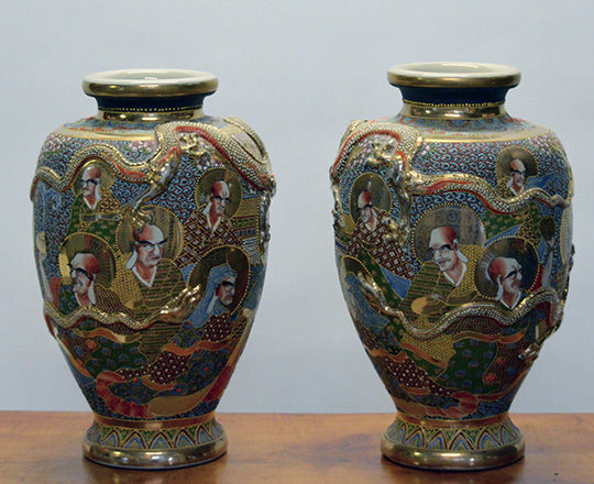 Lot 438_1: Pair large Satsuma vases with portraits and dragon circling vases. H 45cm.