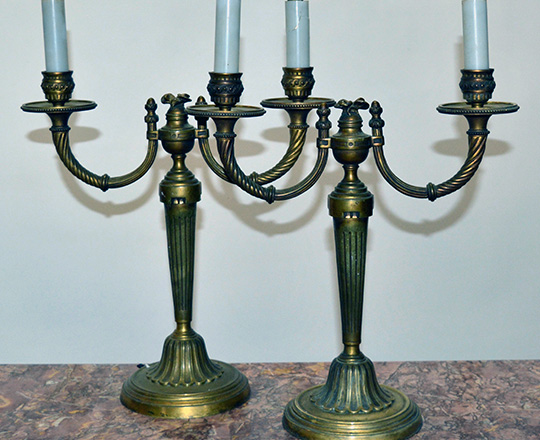 Lot 442: Pair 19th gilt bronze Louis XVI two light candelabras by Gagneau & Cie.