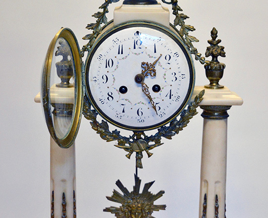 Lot 451_1: Large 19th c. Louis XVI white marble and bronze decor portico clock. H 59cm.
