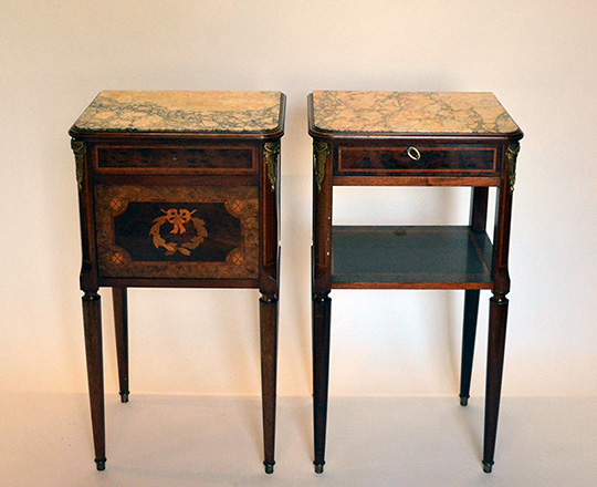 Lot 463: Pair turn cent Louis XVI marble top side tables.