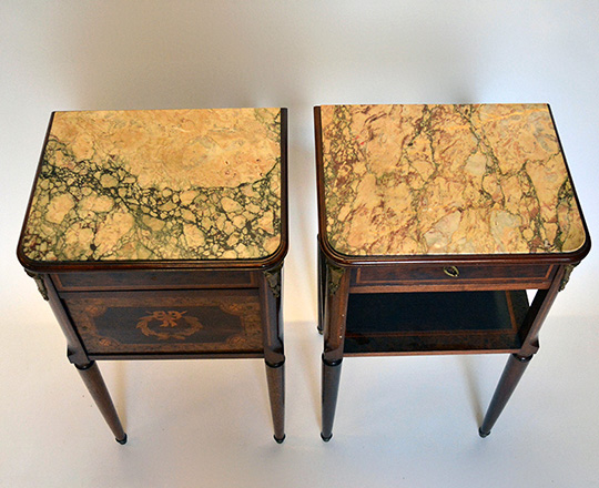 Lot 463_1: Pair turn cent Louis XVI marble top side tables.