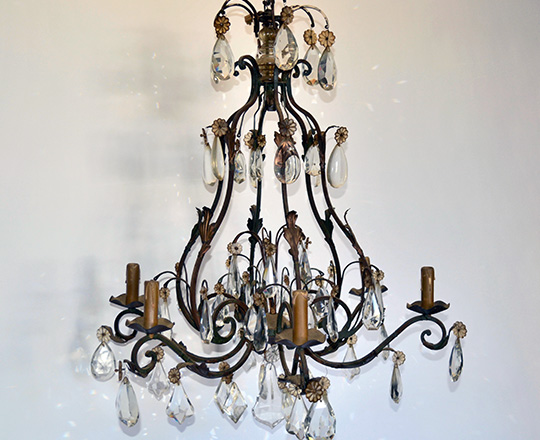 Lot 493: Large (19th ?) ,early cent forged iron six light crystal 'cage' chandelier.