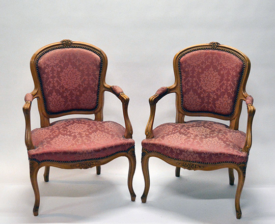 Lot 495: Pair Louis XV style, silk? Covered armchairs (stain on one).