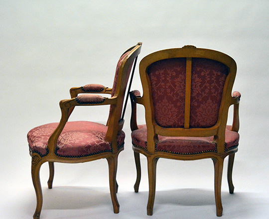 Lot 495_1: Pair Louis XV style, silk? Covered armchairs (stain on one).