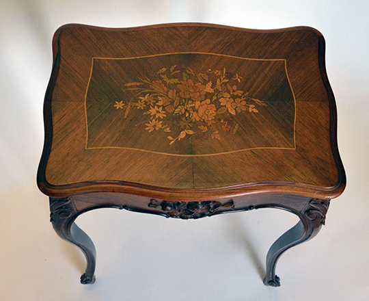 Lot 496_1: 19th cent Louis XV rosewood 'necessaire' floral marquetry table.