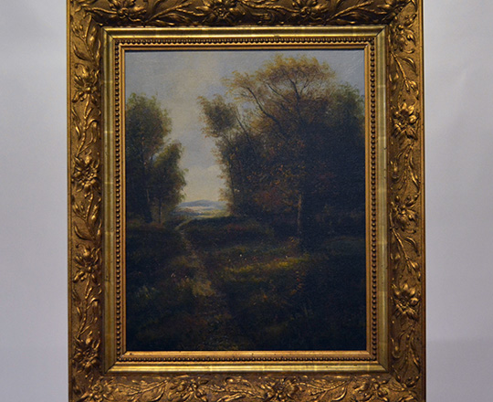 Lot 501: 19th cent Oil on canvas with country landscape in a gilt gesso frame. Tot. H71 x W60cm.