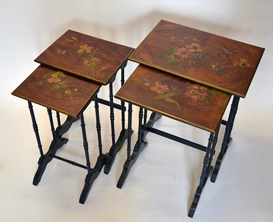 Lot 503_1: 19th cent Naplll nest of (4) tables with painted floral decor. H74xW60xD42cm.