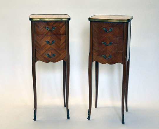 Lot 505: Pair early cent Louis XV three drawer, marble top side tables. H72xW28xD26cm.