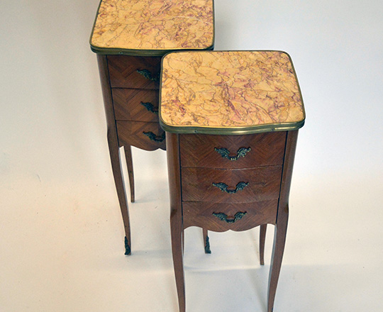 Lot 505_1: Pair early cent Louis XV three drawer, marble top side tables. H72xW28xD26cm.