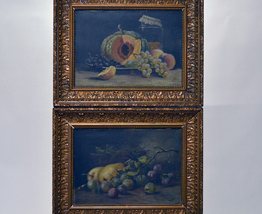 Lot 516: Two 19th cent still oil paintings (fruits) on canvas with a gilt painted gesso frame. H49,5 x W63cm.