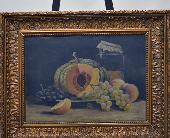 Lot 516_2: Two 19th cent still oil paintings (fruits) on canvas with a gilt painted gesso frame. H49,5 x W63cm.