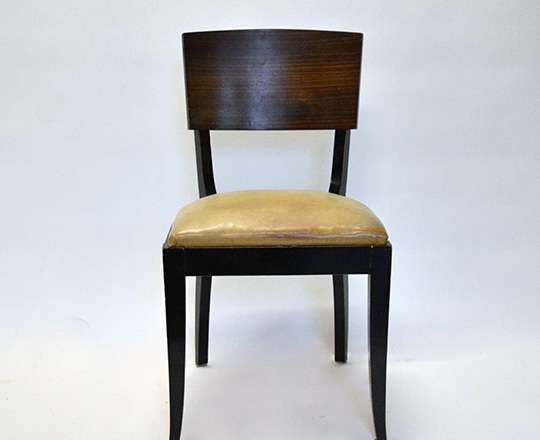Lot 523_1: Set of six black laquered Art Deco leather covered seat chairs with Macassar ebony back.