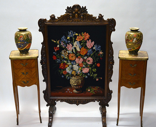 Lot 526_2: Richly carved turn cent Louis XV walnut fire screen with fine floral needle point tapestry. H119 x W72cm.