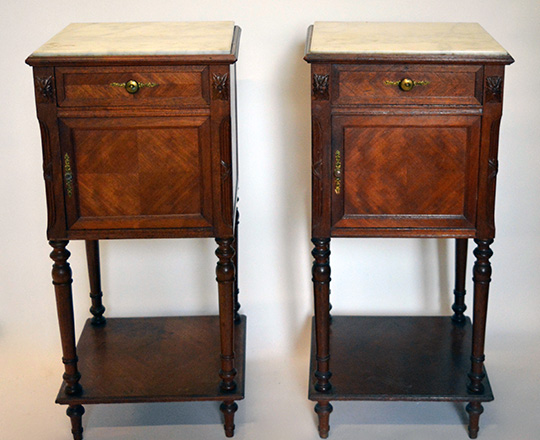 Lot 535: Pair 19th cent Louis XVI marble top side tables. H85xW40xD40cm.