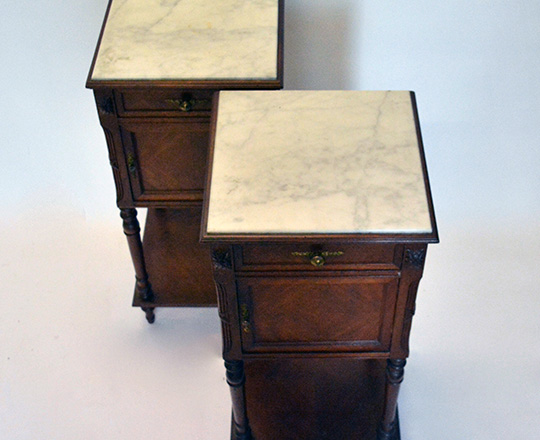 Lot 535_1: Pair 19th cent Louis XVI marble top side tables. H85xW40xD40cm.
